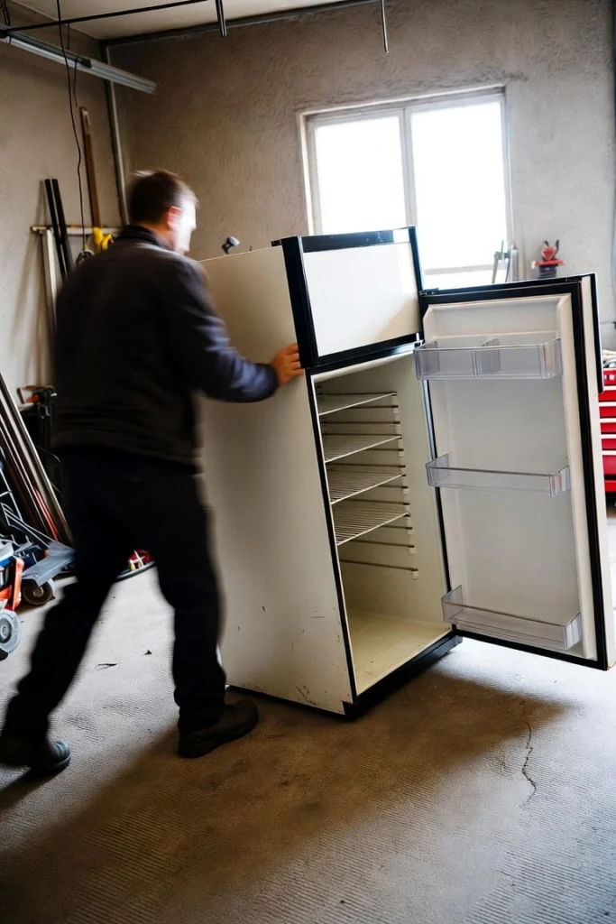 Crew member moving an old refrigerator, part of the best junk removal service in Phoenix