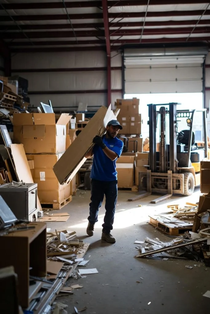 Worker hauling debris during commercial junk removal in a Phoenix warehouse