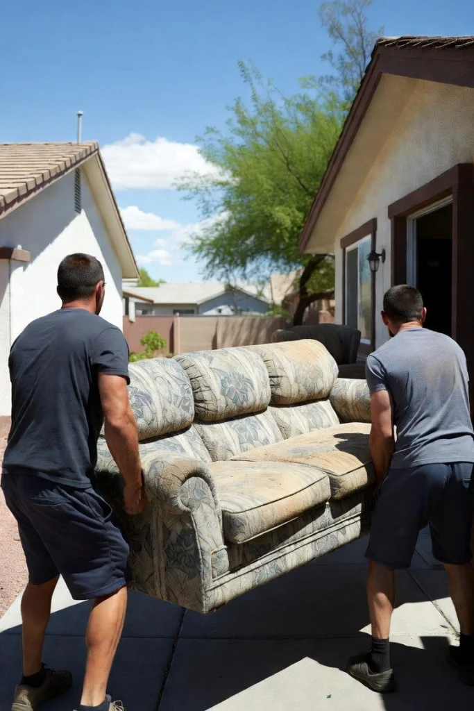 Crew lifting an old sofa during residential junk removal in Phoenix
